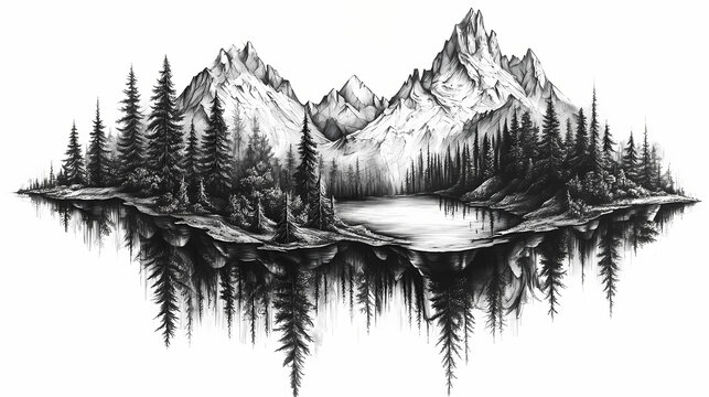 Mountain landscape tattoo with pine trees in blackwork style on white background concept. Serenity - Garden. Illustration