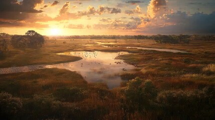 Obraz premium Sunset over tranquil wetland with birds.