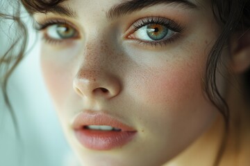 Fototapeta premium Close-up portrait of a young woman with freckles and captivating green eyes.