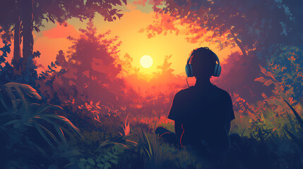 Obraz premium Person wearing headphones in a forest during a warm sunset. Serenity - Garden. Illustration