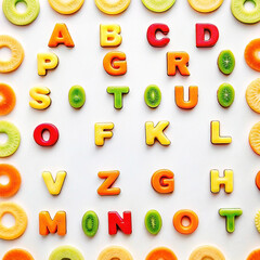 Fototapeta premium Colorful alphabet letters arranged with fruit slices on white background.