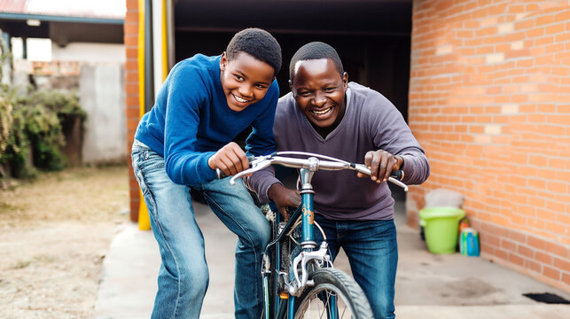 Joyful moment shared between a father and son while biking