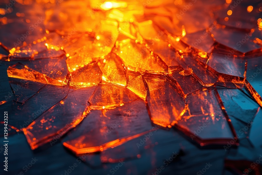 Poster shattered glass illuminated with fiery orange light, creating a mesmerizing abstract texture.