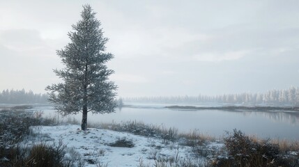 Obraz premium Solitary snow-covered evergreen tree by a calm winter lake.