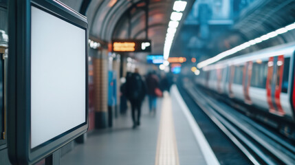 Blank rotating advertising panel in a busy subway station