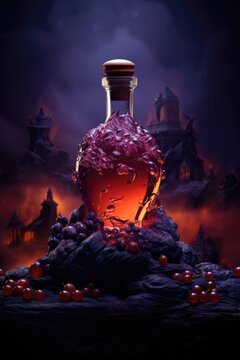 Ornate wine bottle with red alcohol liquid with grapess. Wine tasting event, harvest festival or Thanksgiving decor. Empty containet, mockup for design