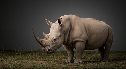 Obraz premium White rhinoceros standing gracefully on grass, showcasing details of its massive body and unique features, set against a muted, dark background