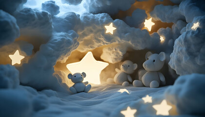 Cozy cloud cave with teddy bears, warm light, starlit night.  Ideal for children's room decor or soft background