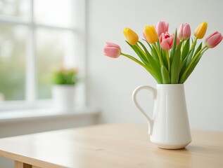Fototapeta premium White ceramic vase with fresh tulips on light wooden table