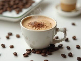 Obraz premium Steaming coffee cup on white table with scattered beans