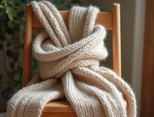 Soft knitted scarf in beige tones on wooden chair