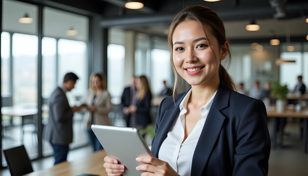 Confident businesswoman holding tablet in busy open-plan office with team