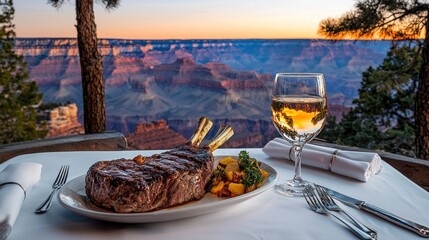 Grand Canyon sunset view with grilled steak, potatoes, and wine.