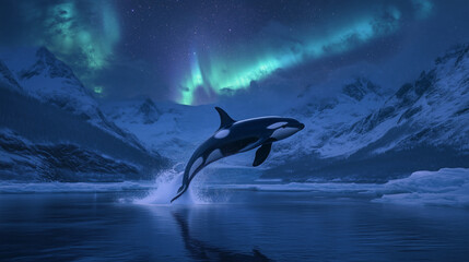 Fototapeta premium An orca whale leaps out of a frozen ocean, creating a dramatic splash as the northern lights cast a mesmerizing glow across the icy landscape.