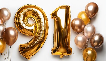 Number 91 with baloons on white background. Generated image