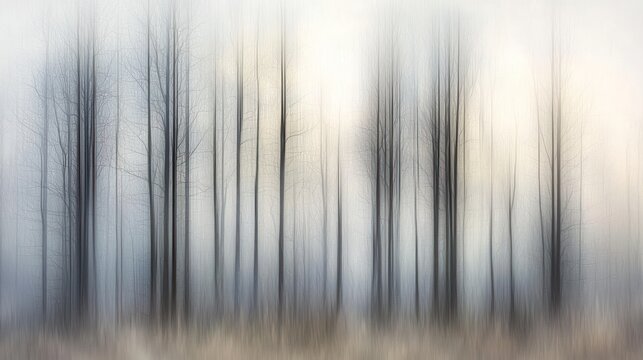 Abstract blurred forest scene with tall, slender trees and a misty atmosphere.