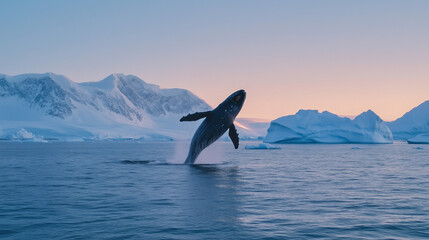 Obraz premium An orca whale leaps out of a frozen ocean, creating a dramatic splash as the northern lights cast a mesmerizing glow across the icy landscape.