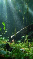Naklejka premium Underwater sunbeams illuminate aquatic plants and fish. Peaceful aquarium scene