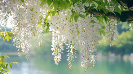 Soft sunlight illuminates cascading white flowers near tranquil waters.