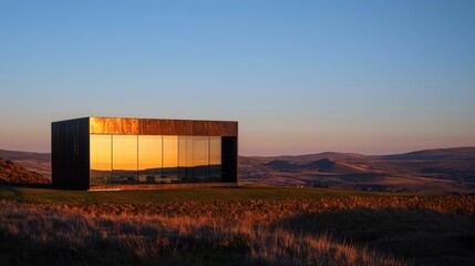 Obraz premium Sunset reflecting on modern glass pavilion in a vast landscape.