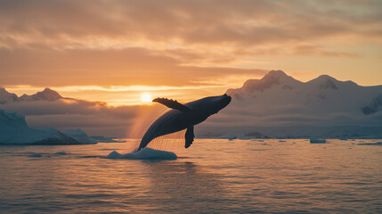Majestic humpback whale breaching in icy Arctic waters, surrounded by snow-covered mountains and a pale blue sky.
