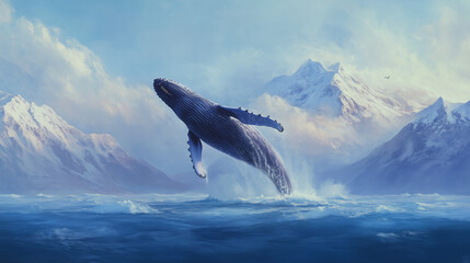 Majestic humpback whale breaching in icy Arctic waters, surrounded by snow-covered mountains and a pale blue sky.