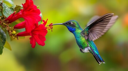 Fototapeta premium Hummingbird Feeds on Red Flower