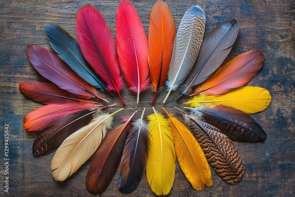 Poster a vibrant array of colorful feathers arranged in a circular pattern on a rustic wooden surface.