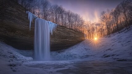 Frozen waterfall at sunset, winter landscape.