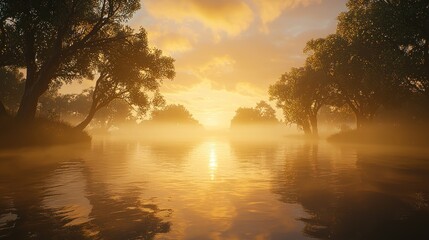 Misty sunset over calm river, trees reflected in golden water.
