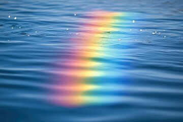 A vibrant rainbow reflects on calm water surface, creating a mesmerizing and serene scene.