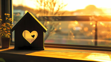 A wooden house silhouette with a heart cutout, positioned on a wooden surface, against a backdrop of a sunlit window overlooking a blurred natural scene. Serenity - Garden. Illustration