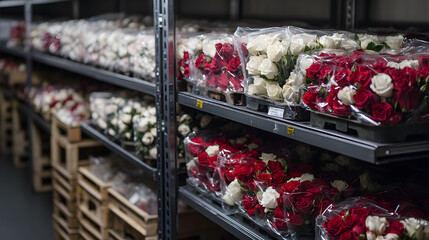A storage area filled with neatly packaged red and white roses on shelves.