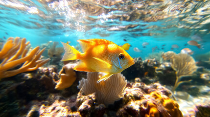 Obraz premium A lively coral reef filled with an array of colorful fish gracefully navigating among the corals
