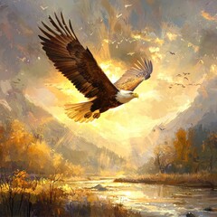 Obraz premium Majestic eagle soaring above a serene autumn landscape at sunset.