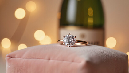 Fototapeta premium Diamond engagement ring on pink velvet cushion with blurred background