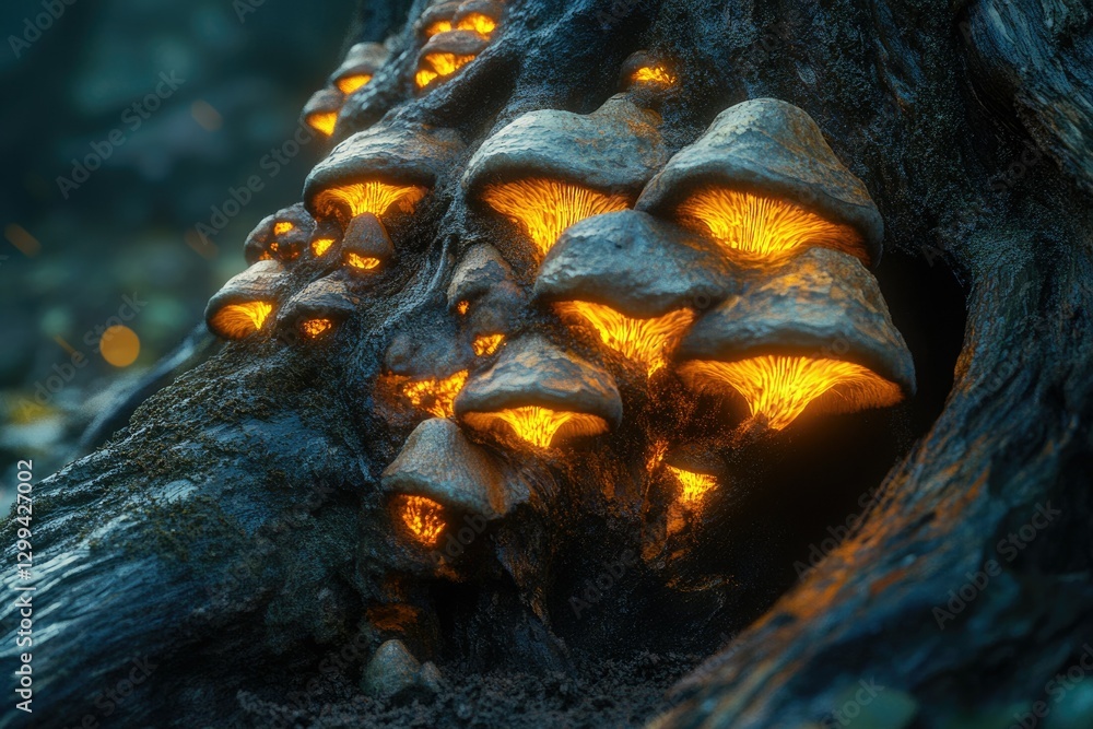 Aufkleber glowing bioluminescent fungi cluster on a dark, damp tree trunk in a mystical forest setting.