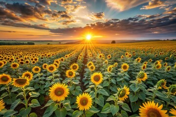 Obraz premium Aerial View of Vast Sunflower Field at Sunset, Golden Hour Agriculture