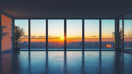 Fototapeta premium Sunset view from a modern, high-rise apartment.