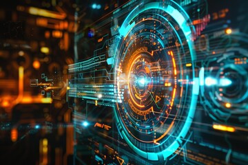 Obraz premium Futuristic Cyber Security Officer Monitoring Global Network Data, A futuristic interpretation of cyber security