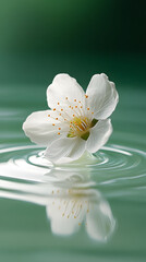 A single white flower with intricate details, floating on calm water with gentle ripples.