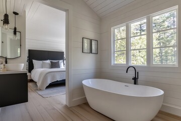Modern farmhouse bathroom with bedroom view, interior design