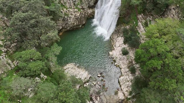 Aerial view of Polylimnio Waterfall in Messinia, Greece after heavy rainfall
