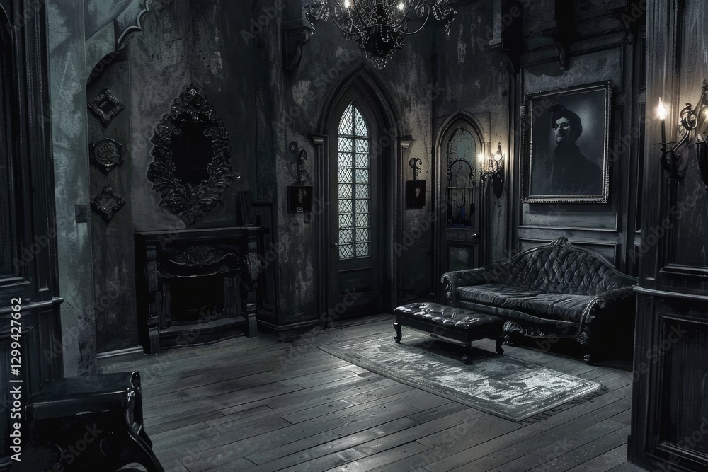 Poster a dark and dramatic living room with a large window letting in light, creating a stark contrast of s