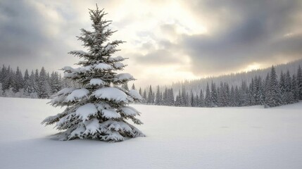 Obraz premium Snow-covered evergreen tree in a winter landscape.