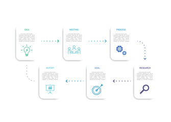 Business infographics line process with template with icons and 6 options or steps.infographics of business,idea,research,meeting,process,goal,report.for infographics design template