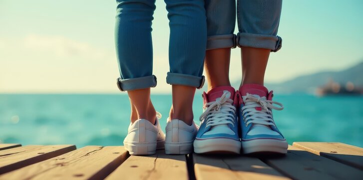 Couple embracing while sitting side by side on a wooden platform with one having zapatillas and the other in sneakers, relaxed atmosphere, zapatillas, affection