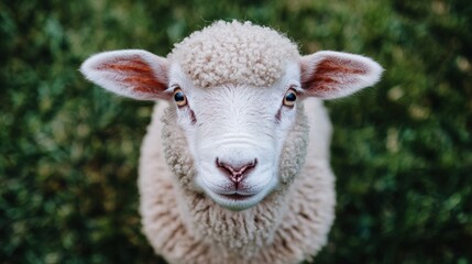 Fototapeta premium Cute sheep close-up on a sunny day in a lush green field showcasing its fluffy wool and curious expression