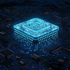 Glowing Microchip: A Futuristic Circuit Board's Neon Blue Heart