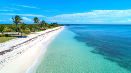 Fototapeta premium Serene beach with clear blue water and palm trees near shoreline